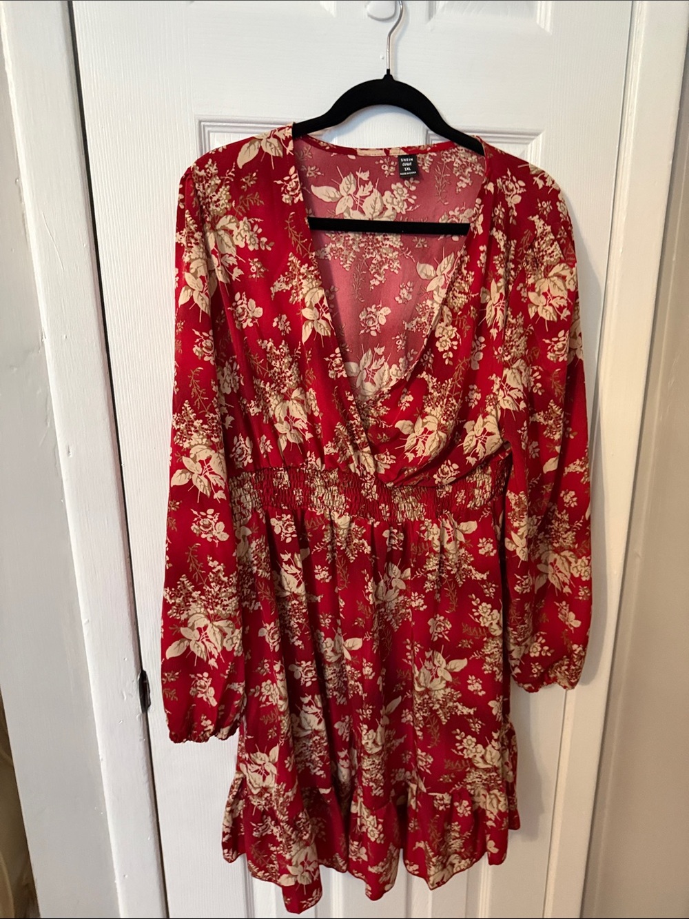 SHEIN Red Floral Wrap Long Sleeve Dress
